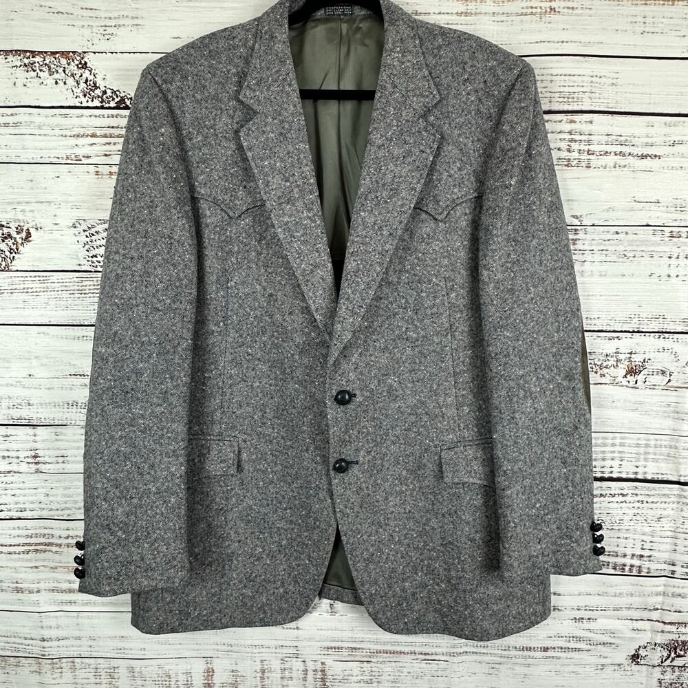 VTG The Great Western Gray Blazer Wool Tweed Western Elbow Patches USA Mens 44L